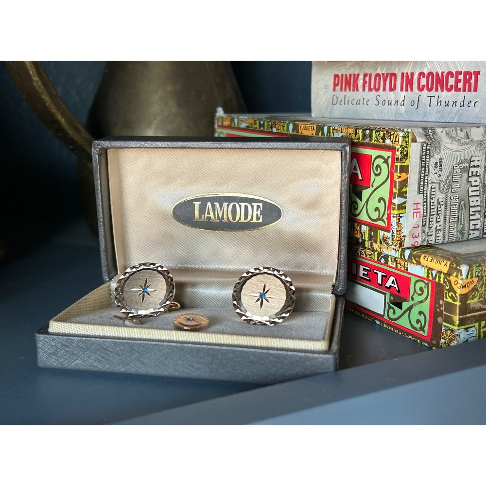 Vintage La Mode Gold Tone Sunburst Cufflinks & Tie Tack Set with Blue Stone Box
